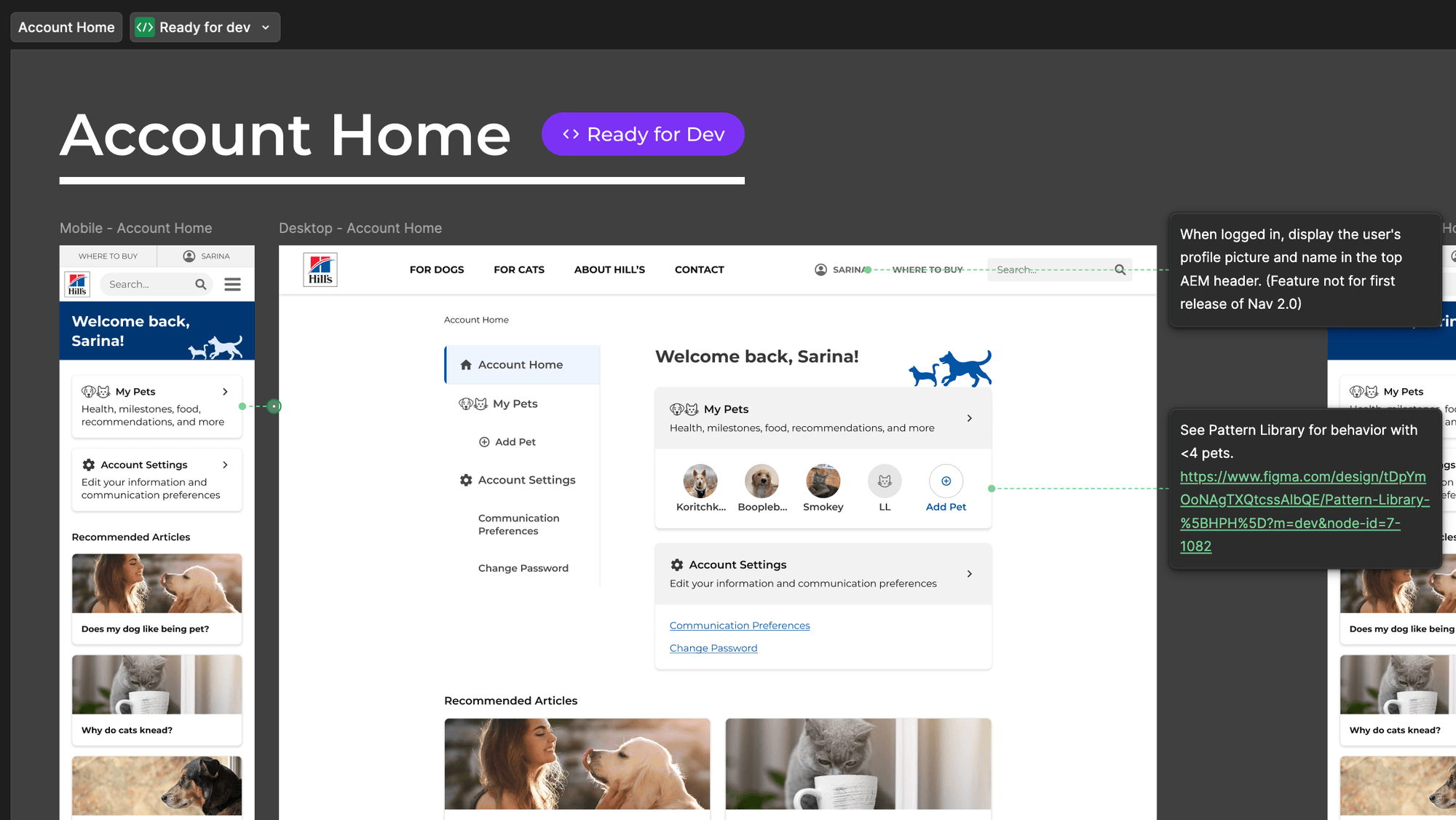 Screenshot of a Figma page with a section label (Account Home) and a ready for dev status tag. The designs have mobile and desktop breakpoints, and there are annotations for interactions using Figma's annotation tool.