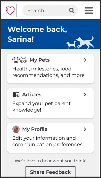High fidelity design of the main account page.