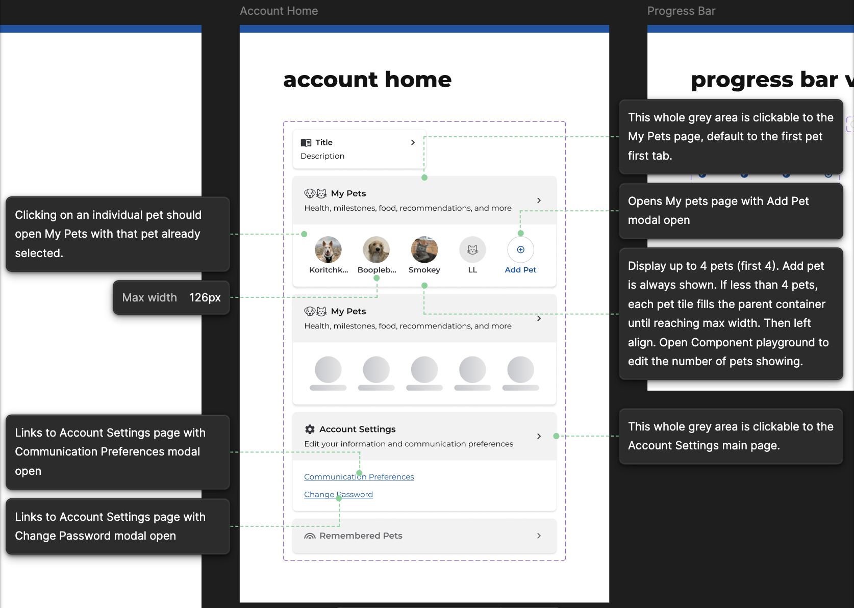 A screenshot of FIgma showing a navigation component with loading states and other variants. There are annotations for interactions.