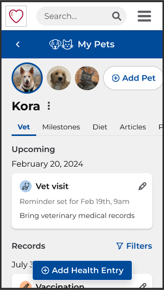 High filedity design showing the issue of the Add Health Entry Button not being noticeable as a floating action button.