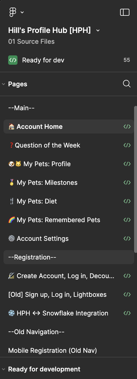 Screenshot of the Pages panel in Figma, showcasing page names and appropriate emojis for easy identification. The Ready for Dev tag is also on most pages.